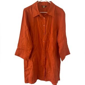 Ecru Anthropologie 100% Linen Orange Tunic Blouse Button Down XL
